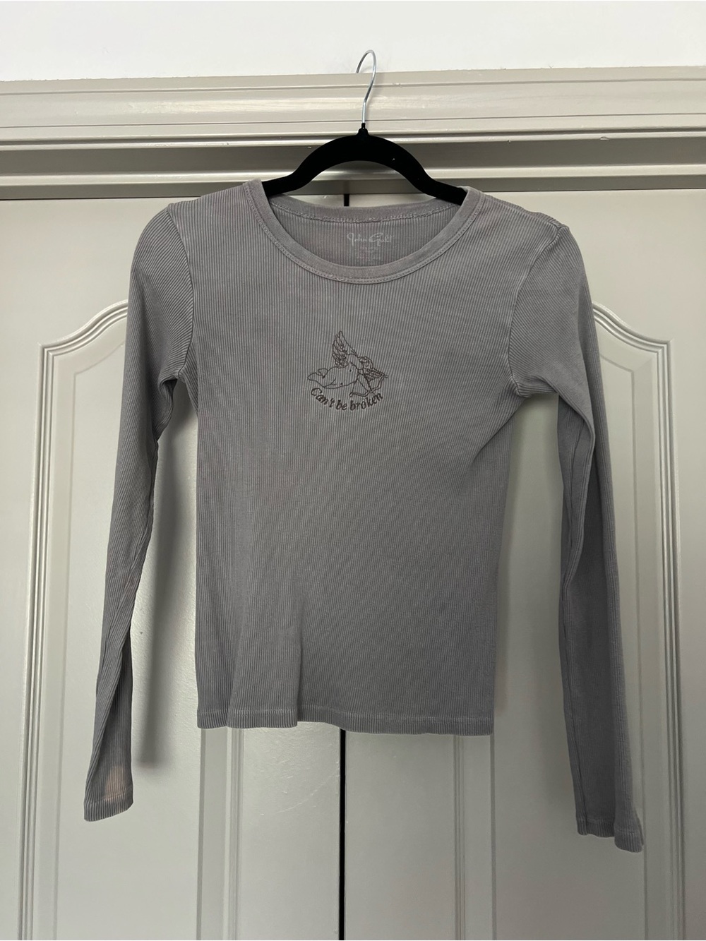 Y2K Fairy Grunge Grey Ribbed Long Sleeve Top Butterfly Angel Graphic Small - Picture 2 of 6
